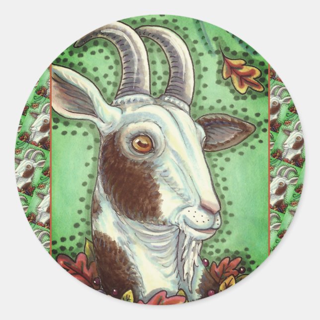 BILLY GOAT AND AUTUMN LEAVES, ERNTEDANK FARM RUNDER AUFKLEBER (Vorderseite)