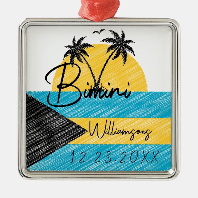 Bimini Bahamas Flag Palm Tree Sunset Souvenirs Ornament Aus Metall (Vorne)