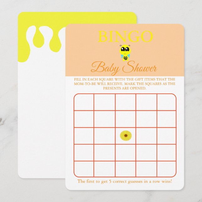 Bingo, Baby shower Carte de jeu Flyer, Bébé Bee (Devant / Derrière)