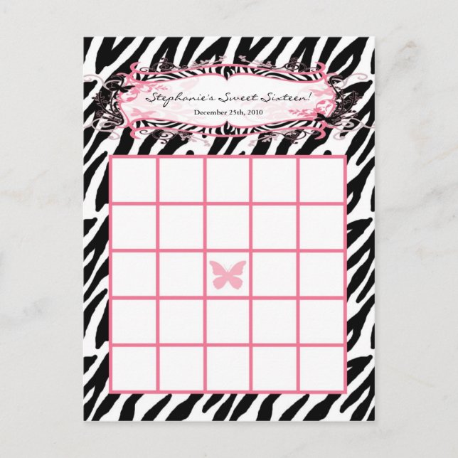 Bingo Card Girly Butterfly Zebra Print Postkarte (Vorderseite)