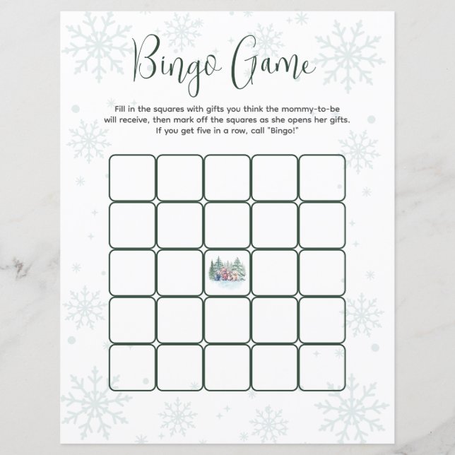 Bingo Game Winter Snow Forest Animal Baby Dusche (Vorderseite)