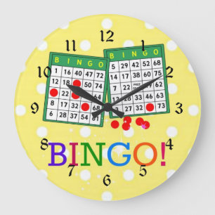 Bingo! Grüne und weiße Bingo-Karten auf Gelb Große Wanduhr