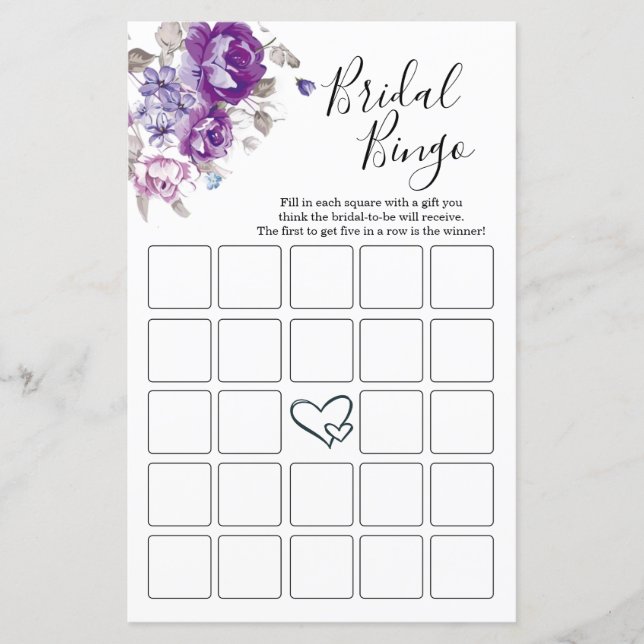 Bingo-Karten für lila florales Brautparty (Vorderseite)