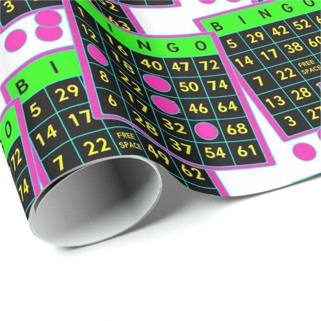 Bingo-Karten-und Markierungs-Neonfarben auf Geschenkpapier (Rolleneckpunkt)