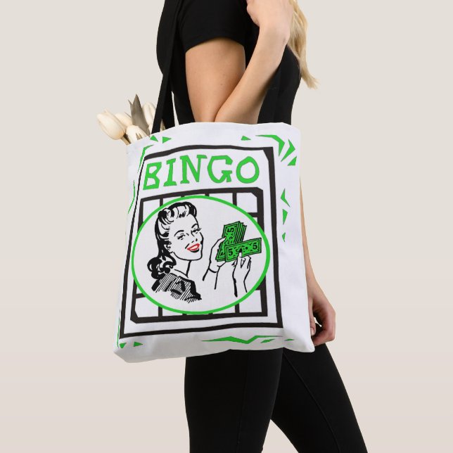 Bingo Lady mit Geld auf Bingokarte Tasche (Von Nahem)