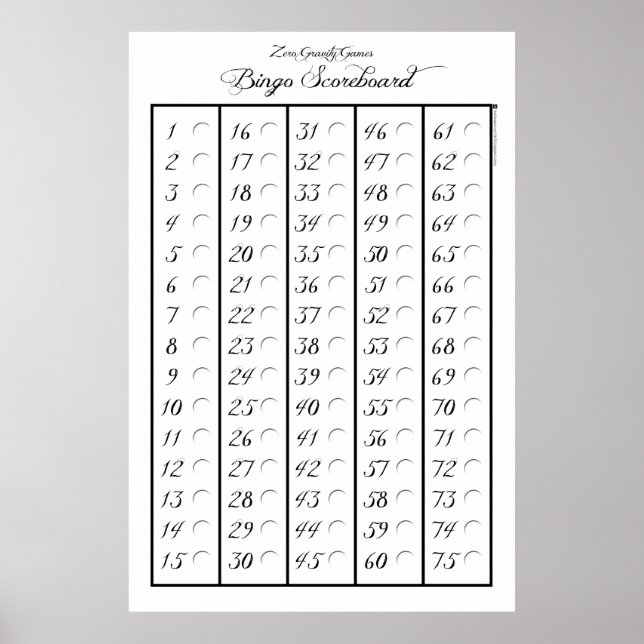 Bingo Scoreboard 75 - Zero Gravity Games (3") Poster (Vorne)