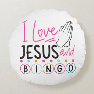 Bingo-Spieler Jesus Glaube Christlich Ich liebe Je Rundes Kissen