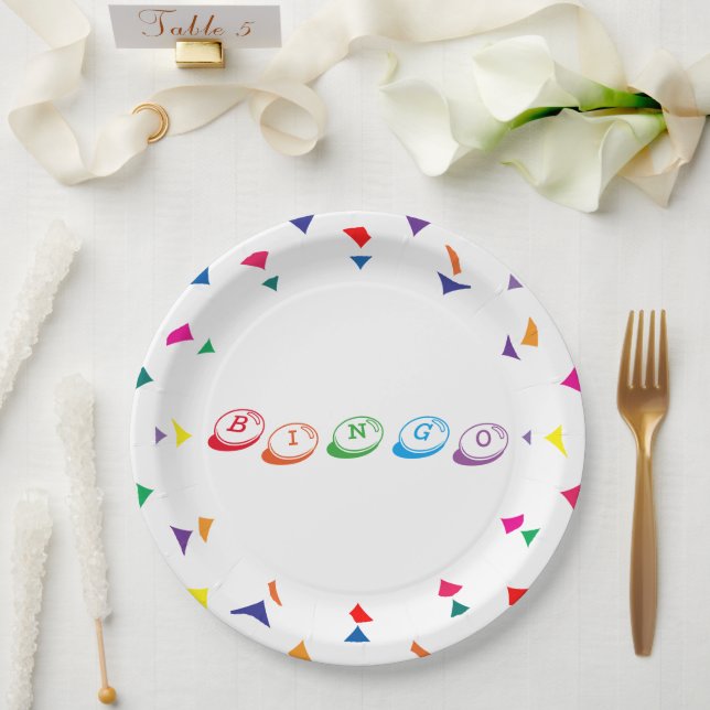 BINGO Typografie Farbenfrohe Spielabendspass Pappteller (Hochzeit)