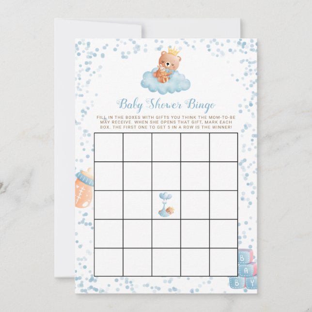 Bingokarte Boy Bear Blue Baby Dusche Einladung (Vorderseite)