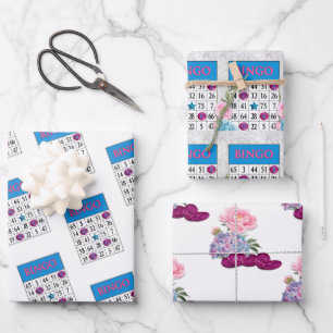 Bingokarten mit rosa und blauen Blumen und Pommes Geschenkpapier Set