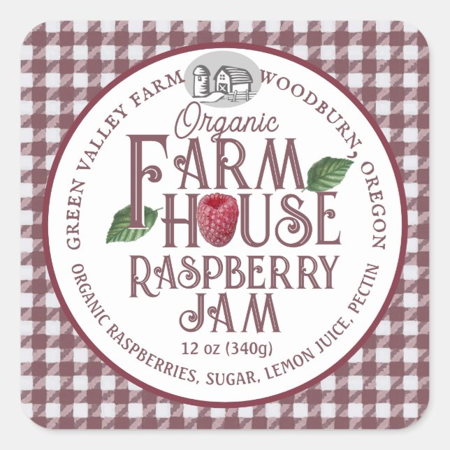 Bio Bauernhaus Raspberry Jam Red Gingham Label Quadratischer Aufkleber (Vorderseite)
