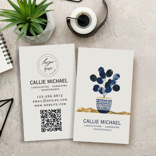 Bio Blumenformen Gold Fox Business Card Visitenkarte (Organic Floral Shapes Gold Foil #nature #moderbusinesscard #navybluegold #addlogo #qrcode)