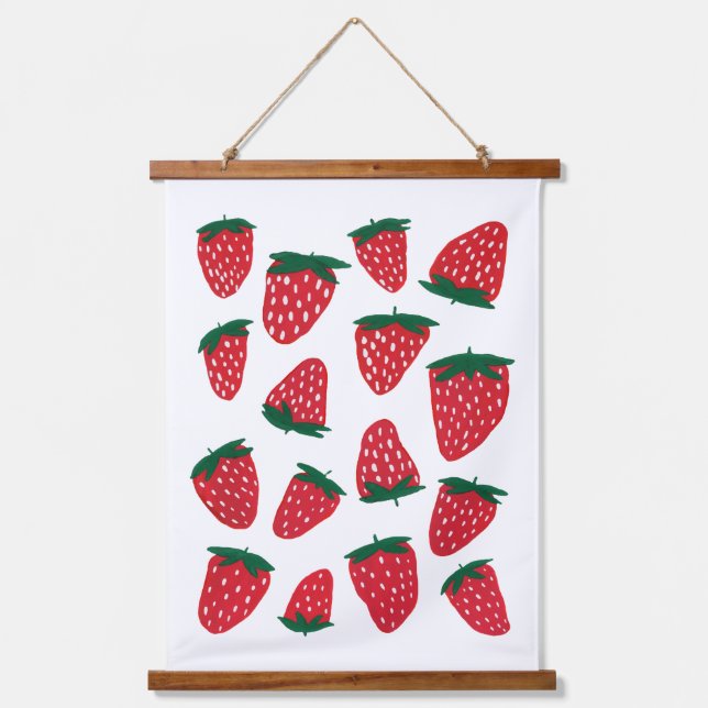 Bio Erdbeeren im Sommer - rot und grün Wandteppich Mit Holzrahmen (Vorderseite)