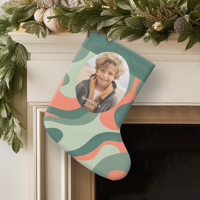 Bio Line Abstrakt Art - 1 Foto Jade Mandarine Großer Weihnachtsstrumpf (Personalized Photo Christmas Stocking with Organic Curves and Wavy Line Art)