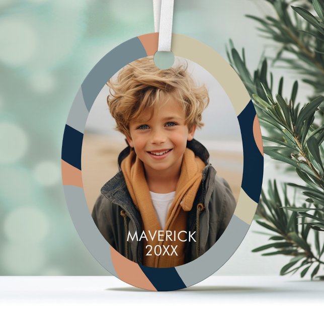 Bio Line Abstrakt Art - 1 Foto Navy Neutral Ornament Aus Metall (Personalized Photo Ornament with a modern abstract design border)
