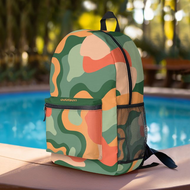 Bio Linie Abstrakt Art - Jade und Mandarine Bedruckter Rucksack (Personalized Backpack with organic curves in shades of green and coral plus custom name)