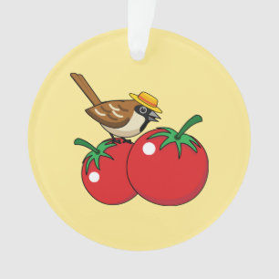 Bio Lover Sparrow Eating Red Tomato Ornament