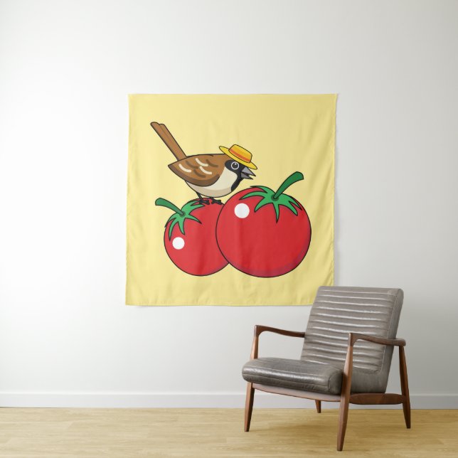 Bio Lover Sparrow Eating Red Tomato Wandteppich (Beispiel)