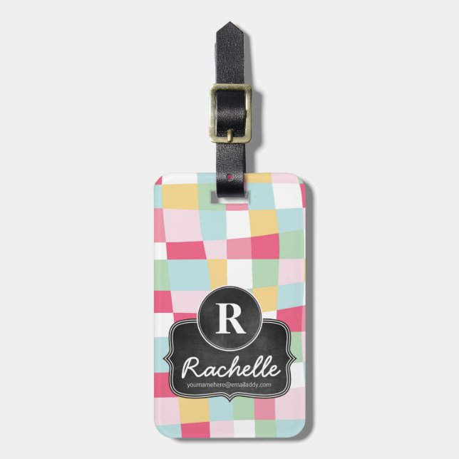 Bio PastellMod-Girly Tafel-Monogramm Gepäckanhänger (Vorderseite vertikal)