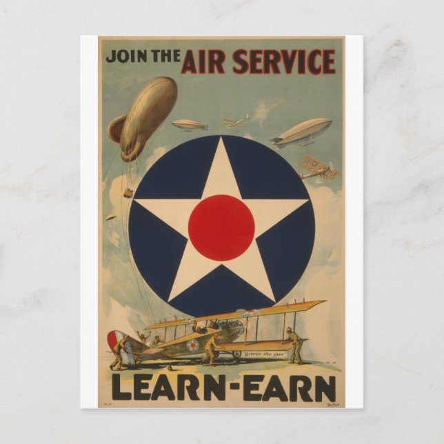 Biplane Blimp Flugzeug Vintag Art Postkarte (Vorderseite)