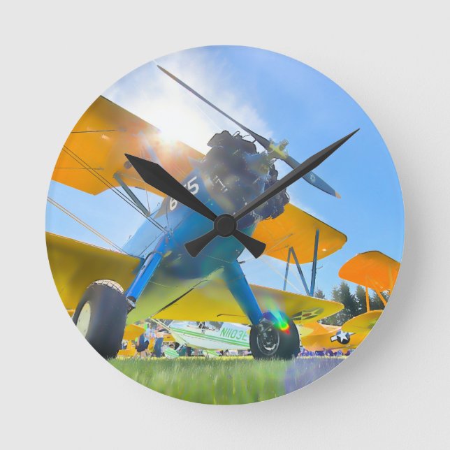 Biplane Sunshine Runde Wanduhr (Vorderseite)
