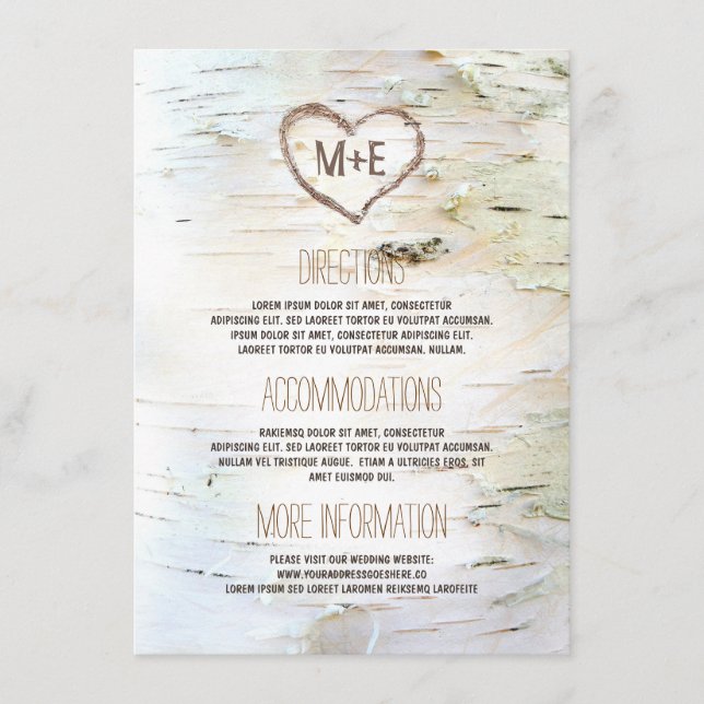 Birch Bark Heart Rustic Wedding Information Begleitkarte (Vorderseite)