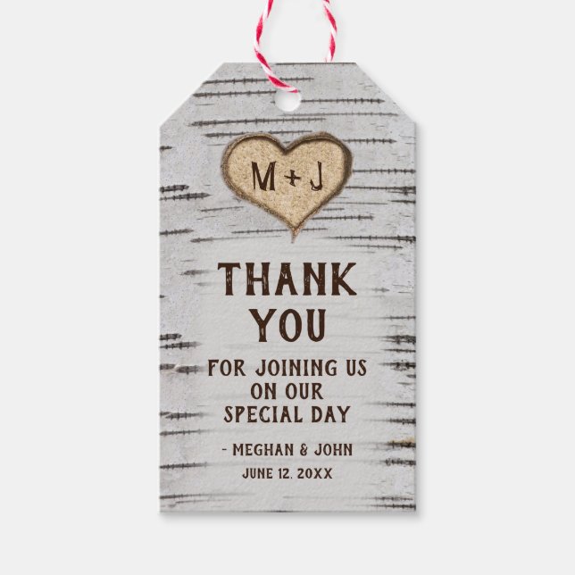 Birch Baum Herzinitis rustikale Hochzeit Danke Geschenkanhänger (Vorderseite)