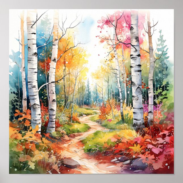 Birch Forest Vivid Colors Painting Poster (Vorne)