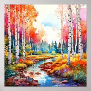 Birch Forest Vivid Colors Painting Poster