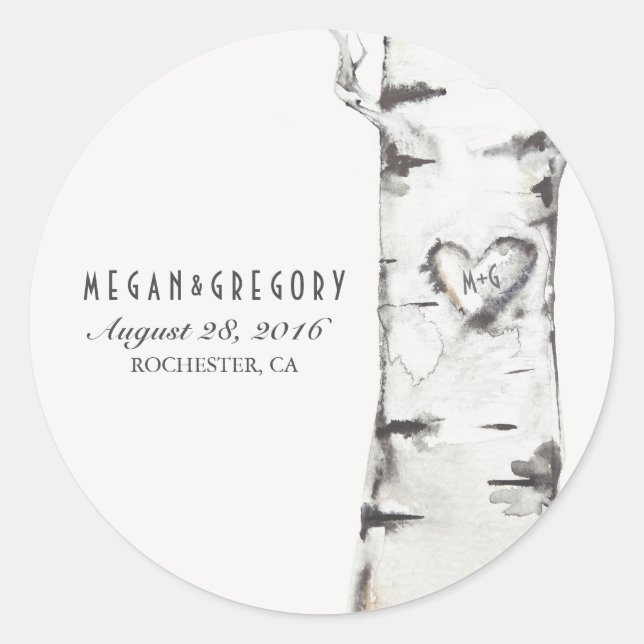 Birch Heart Rustic Wedding Runder Aufkleber (Vorderseite)