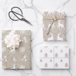 Birch Kraft Paper Moderner Weihnachtsbaum & Reinde Geschenkpapier Set