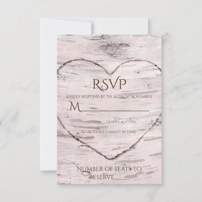 Birch Tree & Carved Heart Rustic Wedding RSVP Karte (Vorderseite)