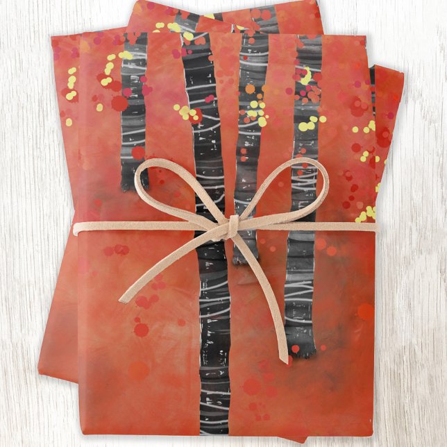 Birch Tree Forest Landschaft Geschenkpapier Set (Red birch tree forest abstract art pattern gift wrapping paper sheets)