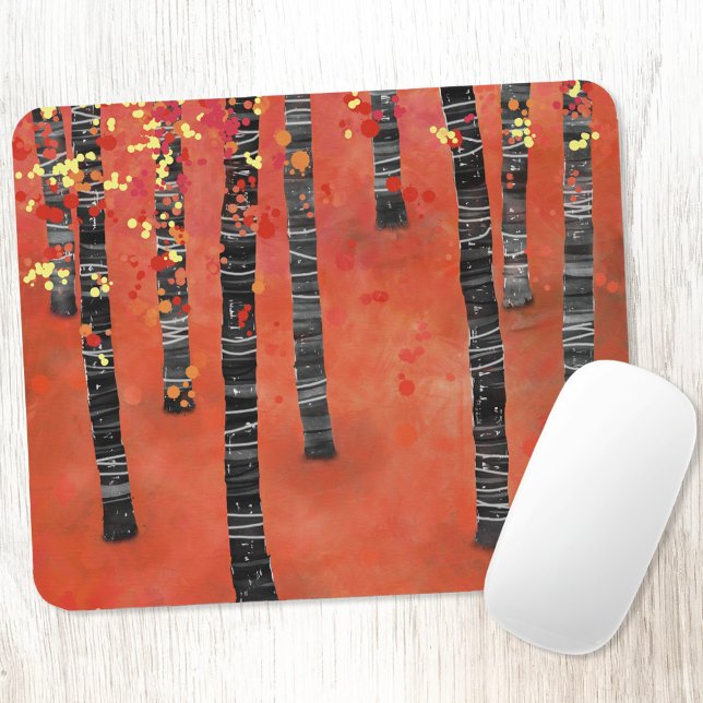 Birch Tree Forest Mousepad (Birch Aspen tree forest abstract red art mousemat)