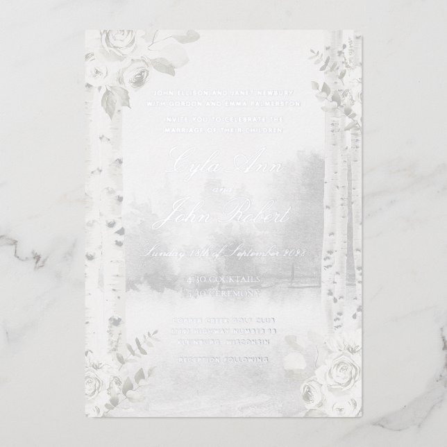 Birch Tree Forest Wedding Folieneinladung (Vorderseite)