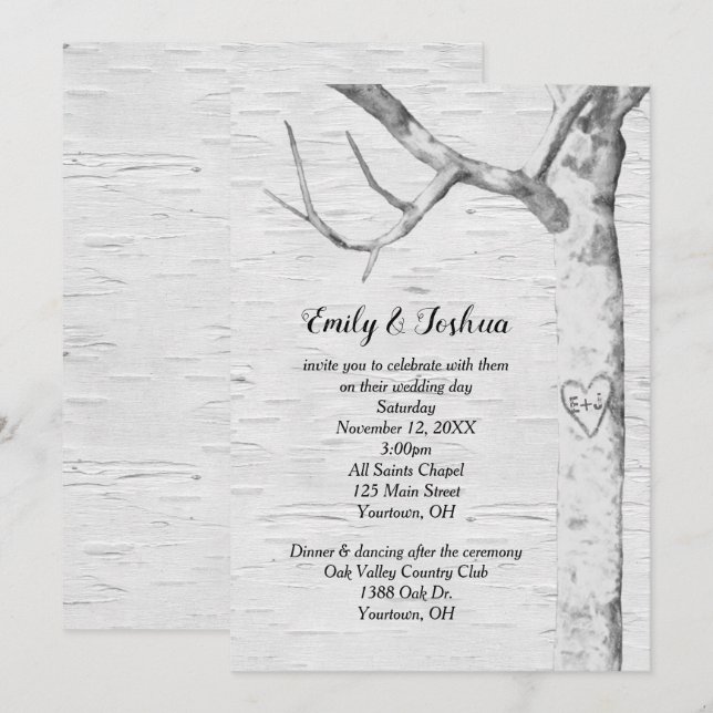 Birch Tree Heart Wedding Einladung (Vorne/Hinten)
