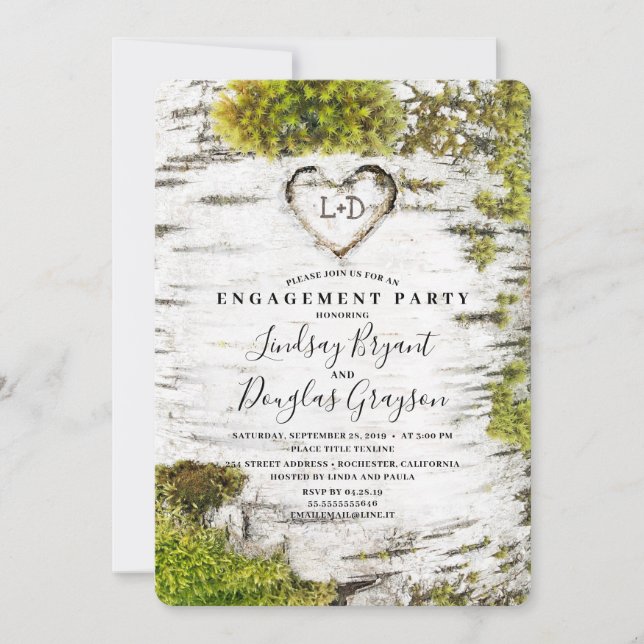 Birch Tree Herz Rustic Fall Engagement Party Einladung (Vorderseite)