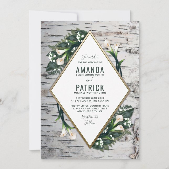 Birch Tree Rustic Calla Lily Wedding Einladungen (Vorderseite)