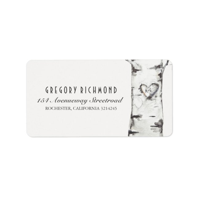 Birch Tree Rustic Carved Heart Wedding Adressaufkleber (Vorne)