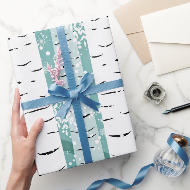 Birch Tree White Barke auf Blue Winter Geschenkpapier (Schenken)