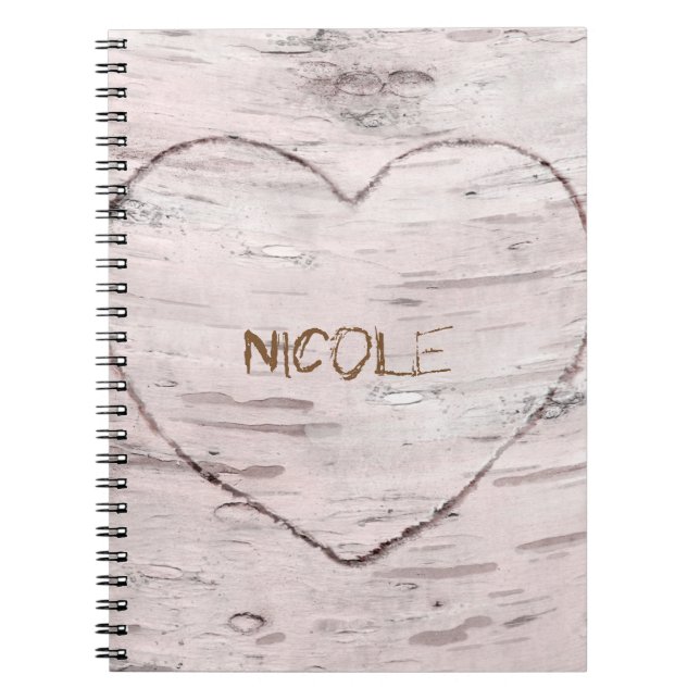 Birch Tree Wood & Heart Rustikal Personalisiert Notizblock (Vorderseite)