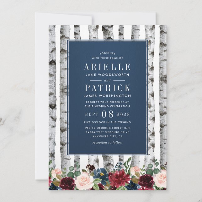 Birch Trees Navy Blue Burgundy Hochzeitseinladunge Einladung (Vorderseite)