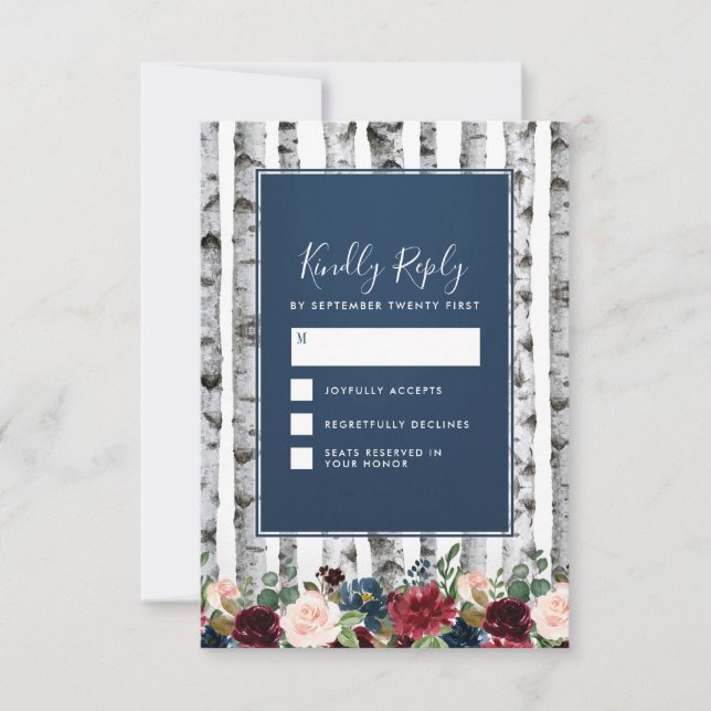 Birch Trees Navy Blue Burgundy Wedding Cartes RSVP (Devant)