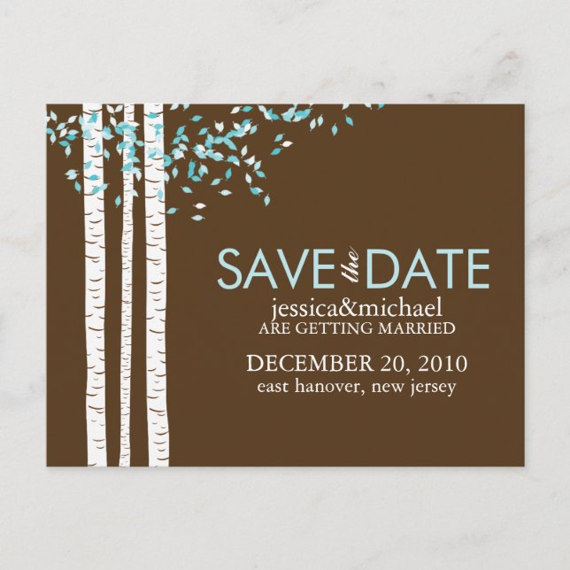 Birch Trees Save the Date Hochzeit Ankündigungspostkarte (Vorderseite)