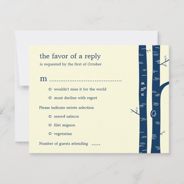 Birch Trees Wedding RSVP Card with entrée - Navy (Vorderseite)