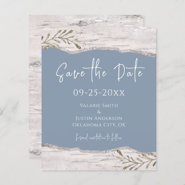 Birch Wood Dust Blue Wedding Save the Date (Vorne/Hinten)