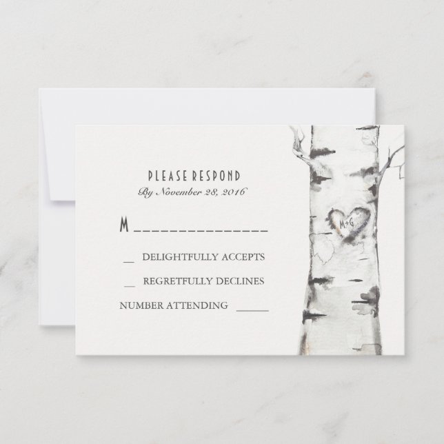 Birch Wood Heart Rustic Wedding RSVP Cards (Vorderseite)