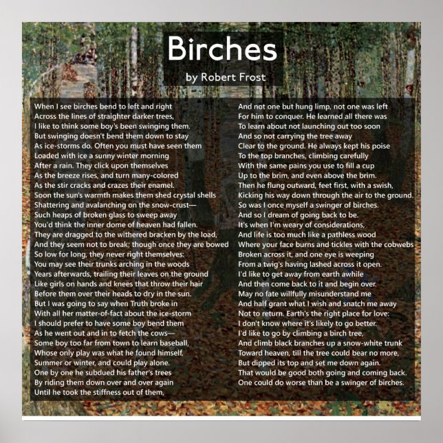 Birches von Robert Frost Complete Gedicht/Birkenwa Poster (Vorne)