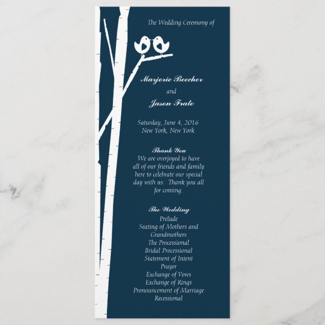 Birchtree Birds Wedding Program Blue Programm (Vorderseite)