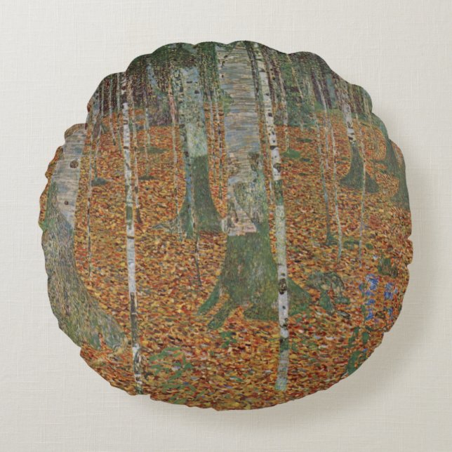 Birchwald von Gustav Klimt, Vintager Jugendstil Rundes Kissen (Vorderseite)